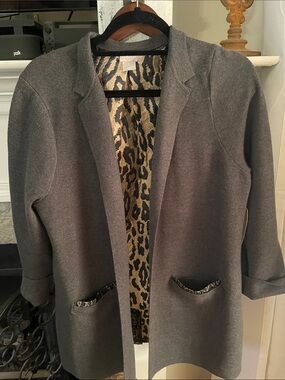 Chico’s Women's Gray Open Front Coatigan with Leopard Lining- LARGE - NWT